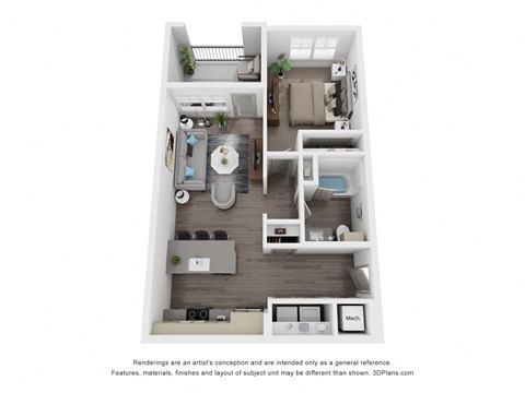 Floor plan for 1 bed, 1 bath, 701 sqft